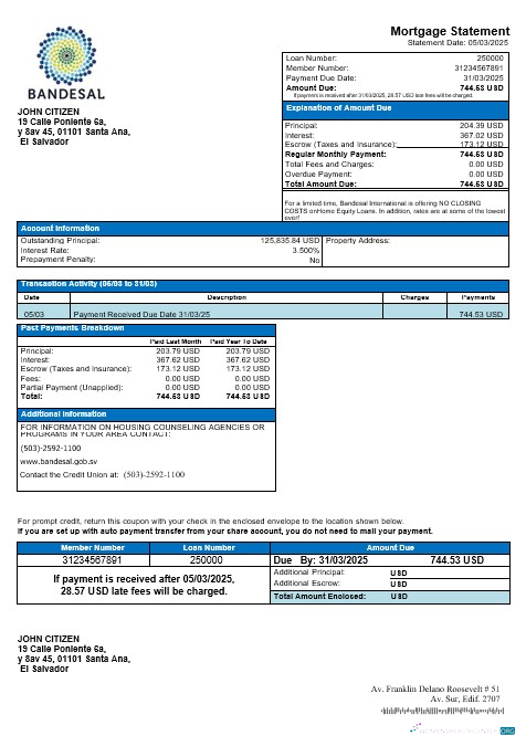 Download Salvador Bandesal bank mortgage statement in Word and PDF formats Photoshop template